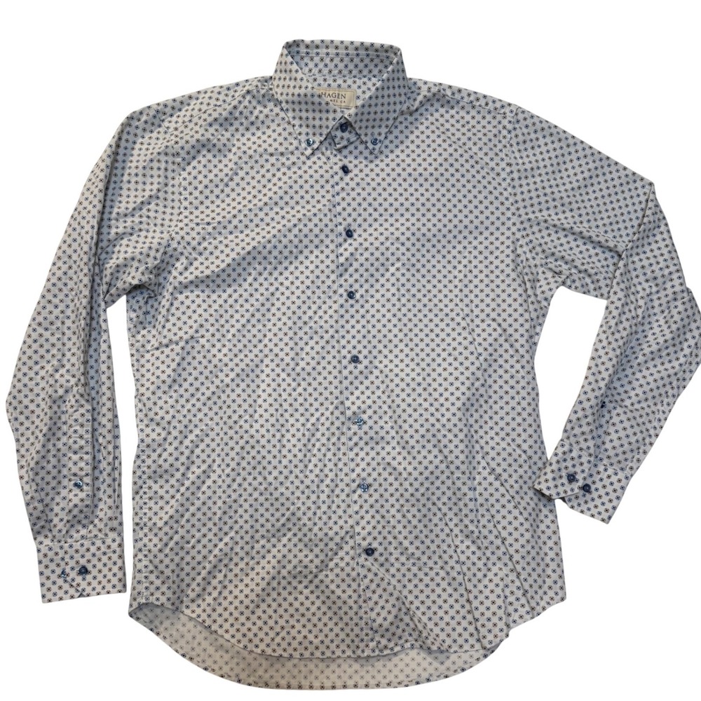 Hagen Carmel CA Mens Large Blue Geometric Print Button Down Shirt Made in Turkey